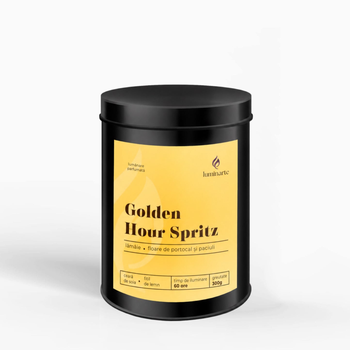 Lumânare parfumată din ceară de soia, turnată manual – „Golden Hour Spritz” | Colecția Aphrodisia Candles, cu aromă de lamaie, floare de portocal si paciuli