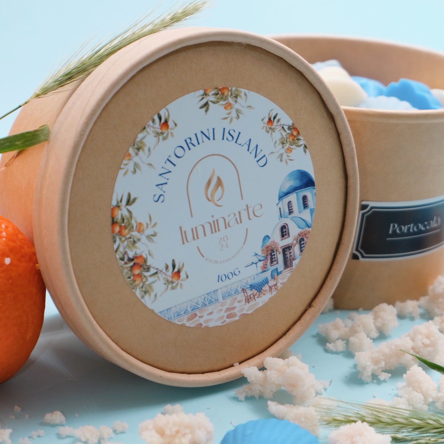 Ceară parfumată din soia, handmade, Wax Melts | Santorini Island – Ediția de Vară, cu aromă proaspătă și fructată de portocală, inspirată de frumusețea spectaculoasă a uneia dintre cele mai îndrăgite insule grecești