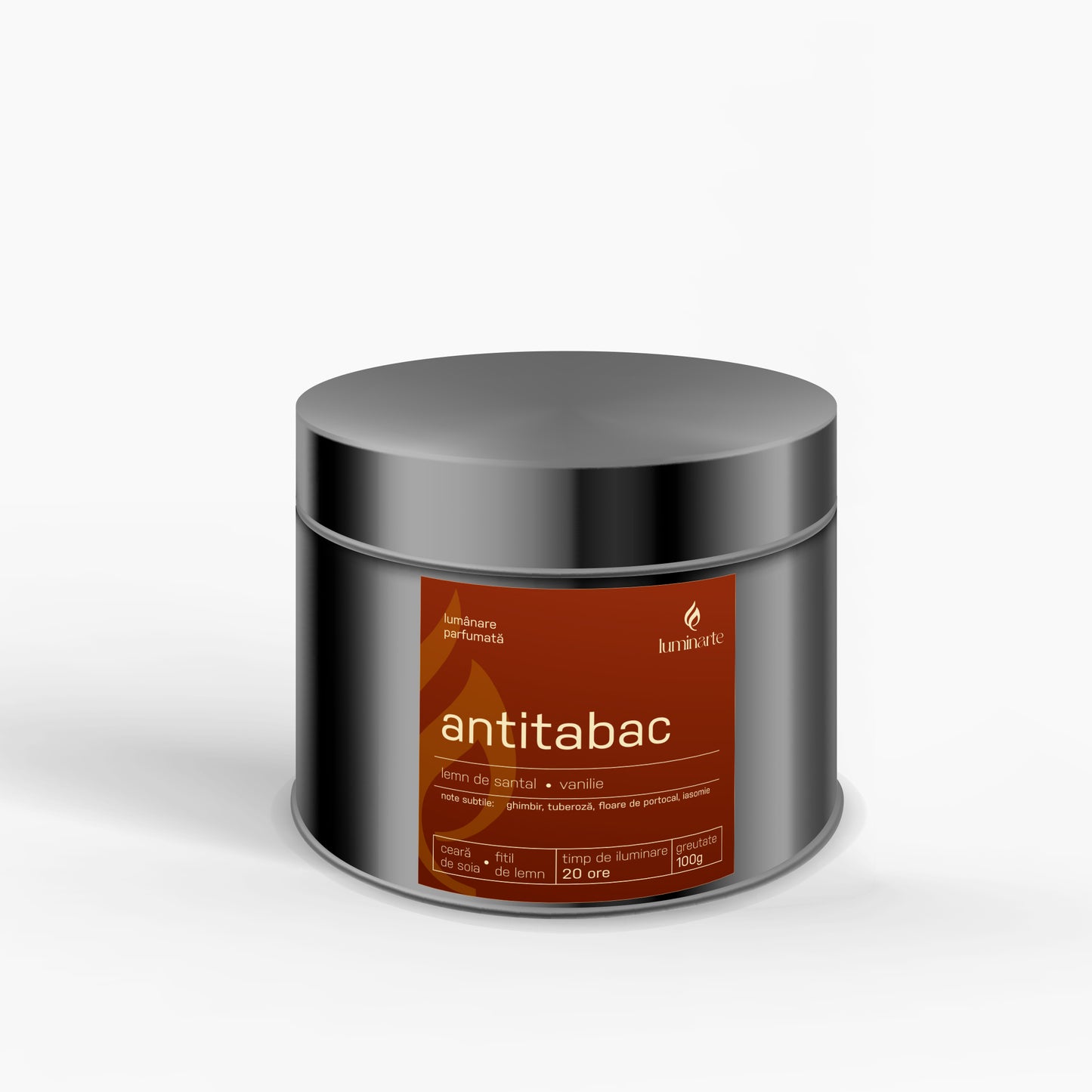Lumânare parfumată din ceară de soia, turnată manual – „Antitabac” | Colecția Aphrodisia Candles, cu aromă de lemn de santal, vanilie, ghimbir, tuberoză, floare de portocal, iasomie