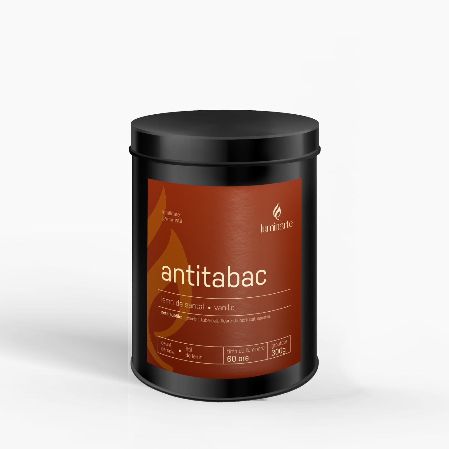 Lumânare parfumată din ceară de soia, turnată manual – „Antitabac” | Colecția Aphrodisia Candles, cu aromă de lemn de santal, vanilie, ghimbir, tuberoză, floare de portocal, iasomie