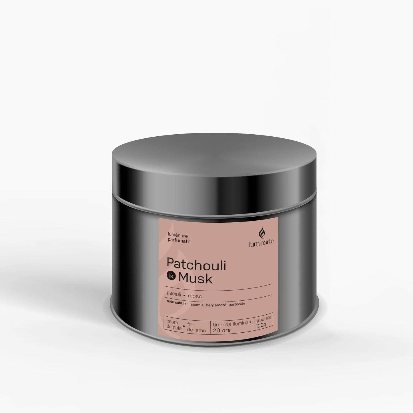 Lumânare parfumată din ceară de soia, turnată manual – „Patchouli & Musk” | Colecția Aphrodisia Candles, cu aromă de paciuli, mosc, iasomie, bergamotă, portocale