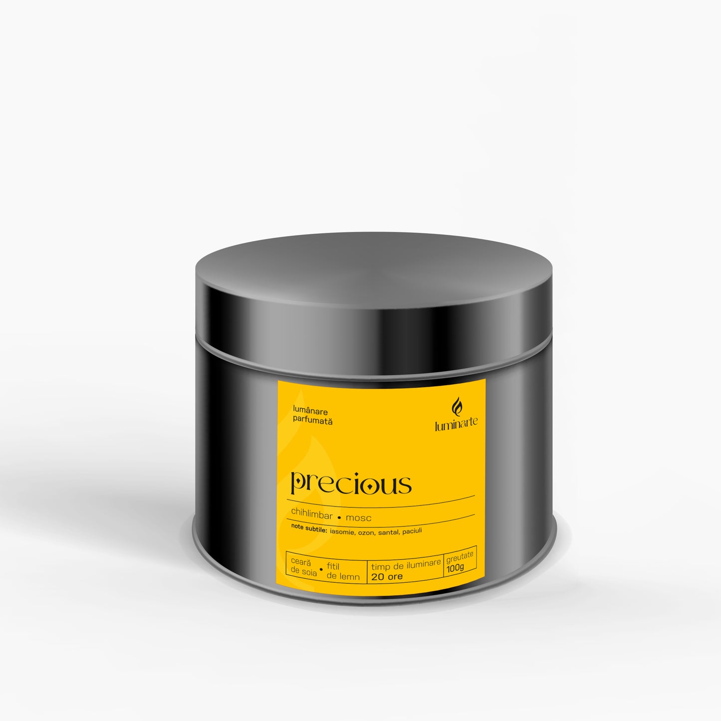 Lumânare parfumată din ceară de soia, turnată manual –„Precious” | Colecția Aphrodisia Candles, cu aromă de chihlimbar, mosc, iasomie, ozon, santal, paciuli