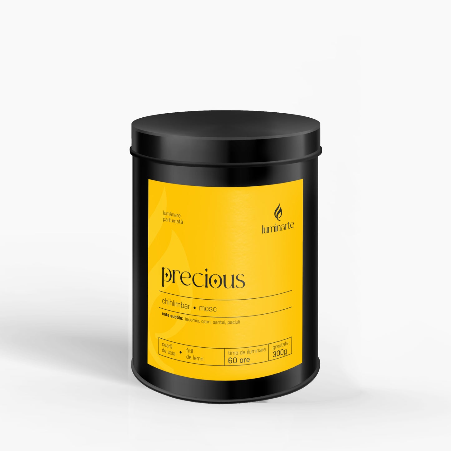 Lumânare parfumată din ceară de soia, turnată manual –„Precious” | Colecția Aphrodisia Candles, cu aromă de chihlimbar, mosc, iasomie, ozon, santal, paciuli