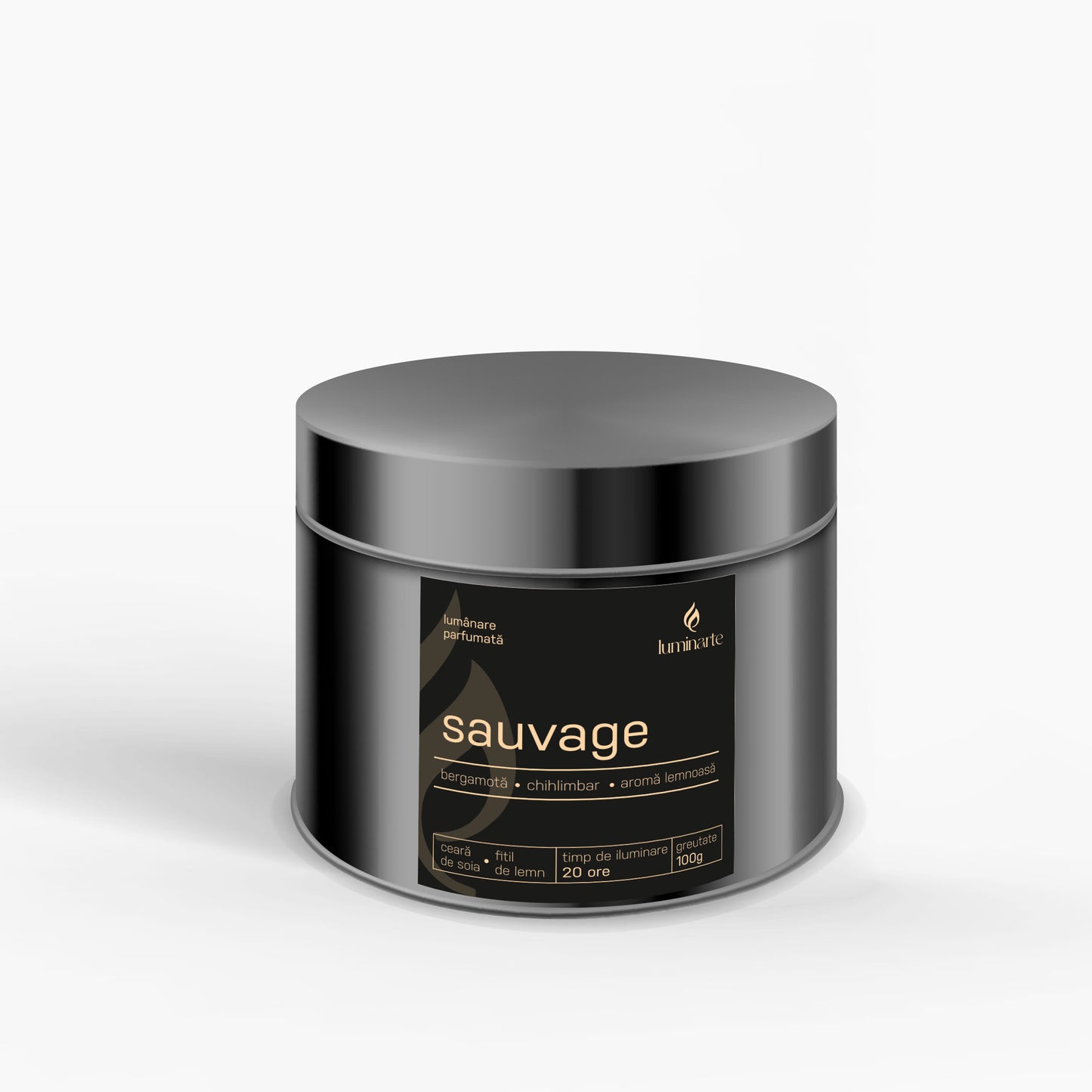 Lumânare parfumată din ceară de soia, turnată manual – „Sauvage” | Colecția Aphrodisia Candles, cu aromă de bergamotă, chihlimbar