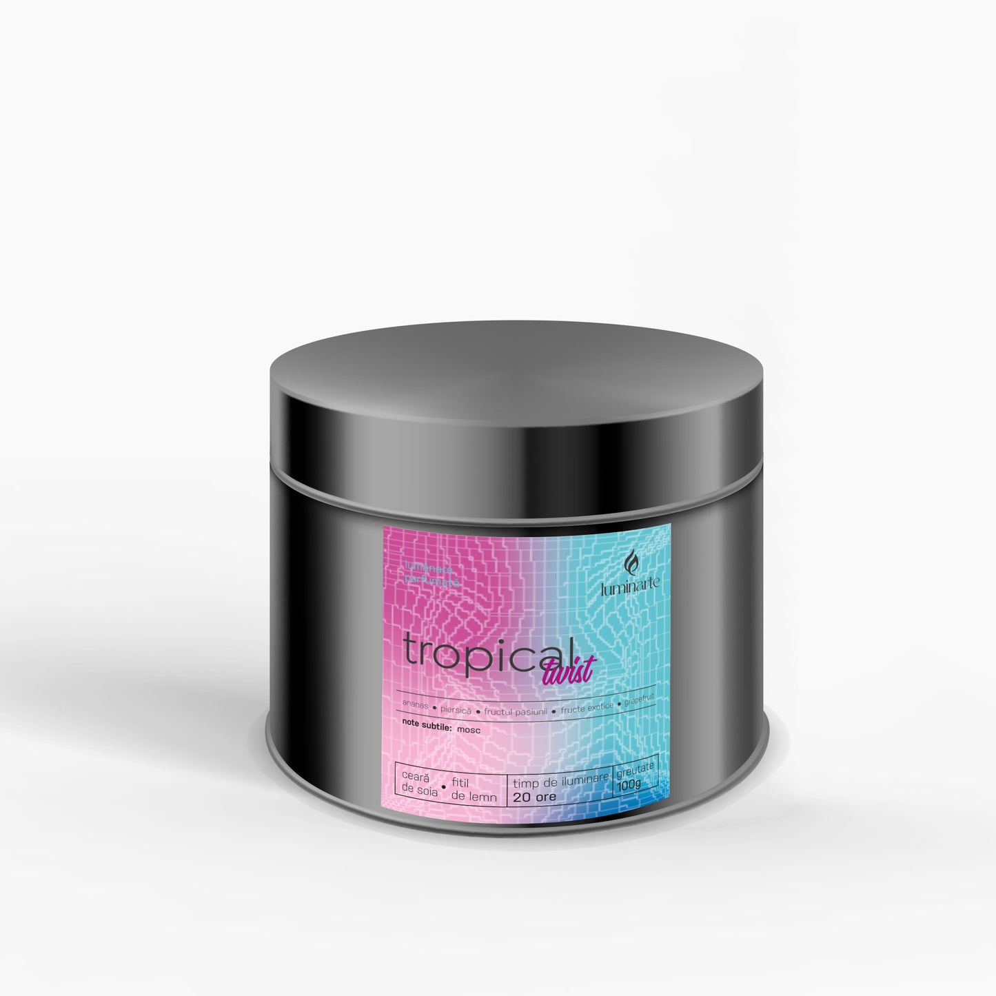 Lumânare parfumată din ceară de soia, turnată manual – „Tropical Twist” | Colecția Aphrodisia Candles, cu aromă de ananas, piersică, fructul pasiunii, fructe exotice, grapefruit