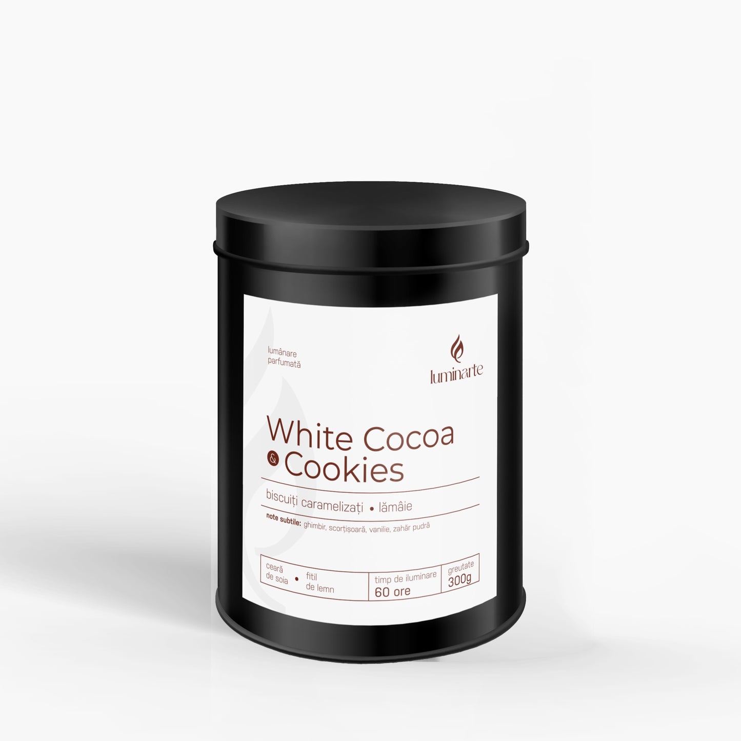 Lumânare parfumată din ceară de soia, turnată manual – „White Cocoa & Cookies” | Colecția Aphrodisia Candles, cu aromă de biscuiți caramelizați, lămâie, ghimbir, scorțișoară, vanilie și zahăr pudră