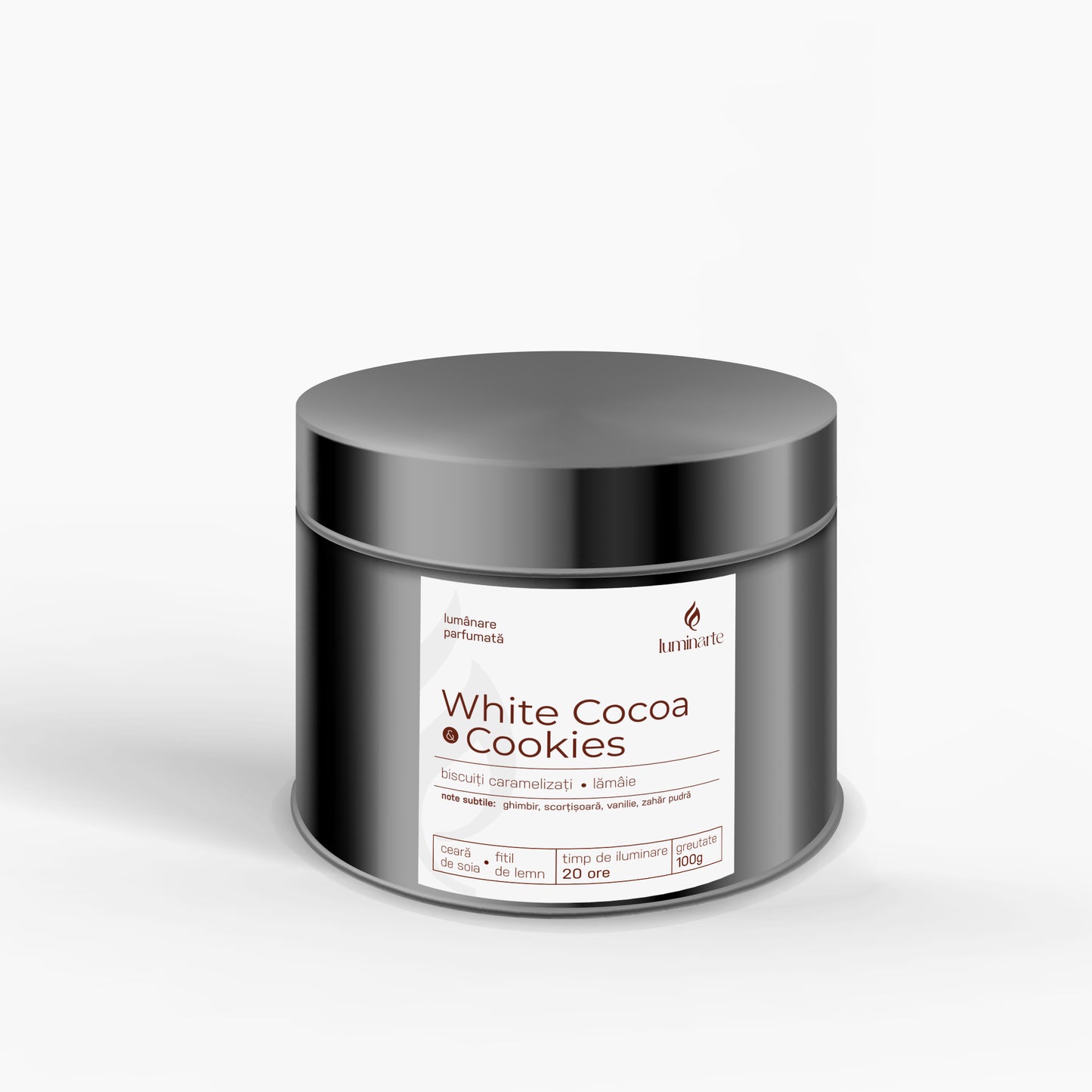 Lumânare parfumată din ceară de soia, turnată manual – „White Cocoa & Cookies” | Colecția Aphrodisia Candles, cu aromă de biscuiți caramelizați, lămâie, ghimbir, scorțișoară, vanilie și zahăr pudră
