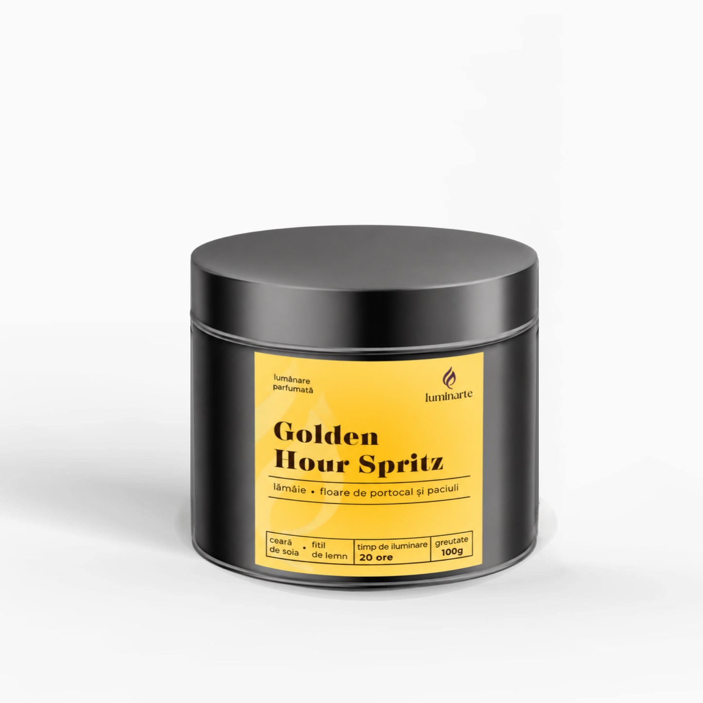 Lumânare parfumată din ceară de soia, turnată manual – „Golden Hour Spritz” | Colecția Aphrodisia Candles, cu aromă de lamaie, floare de portocal si paciuli
