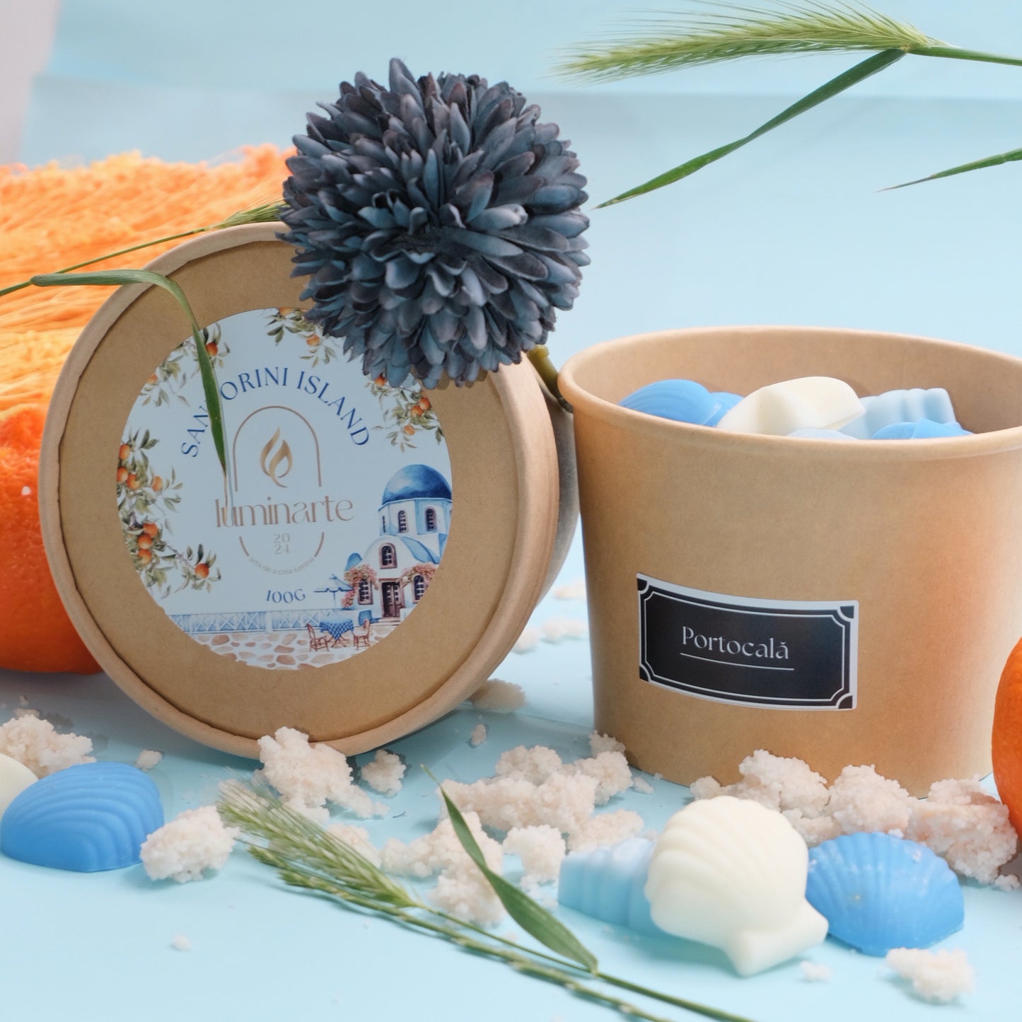 Ceară parfumată din soia, handmade, Wax Melts | Santorini Island – Ediția de Vară, cu aromă proaspătă și fructată de portocală, inspirată de frumusețea spectaculoasă a uneia dintre cele mai îndrăgite insule grecești