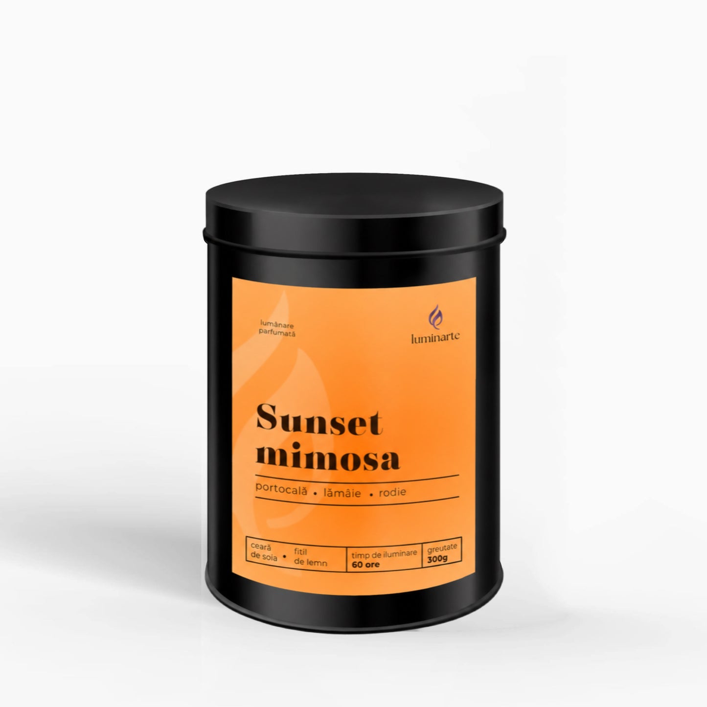 Lumânare parfumată din ceară de soia, turnată manual – „Sunset Mimosa” | Colecția Aphrodisia Candles, cu aromă de portocală, lămâie și rodie