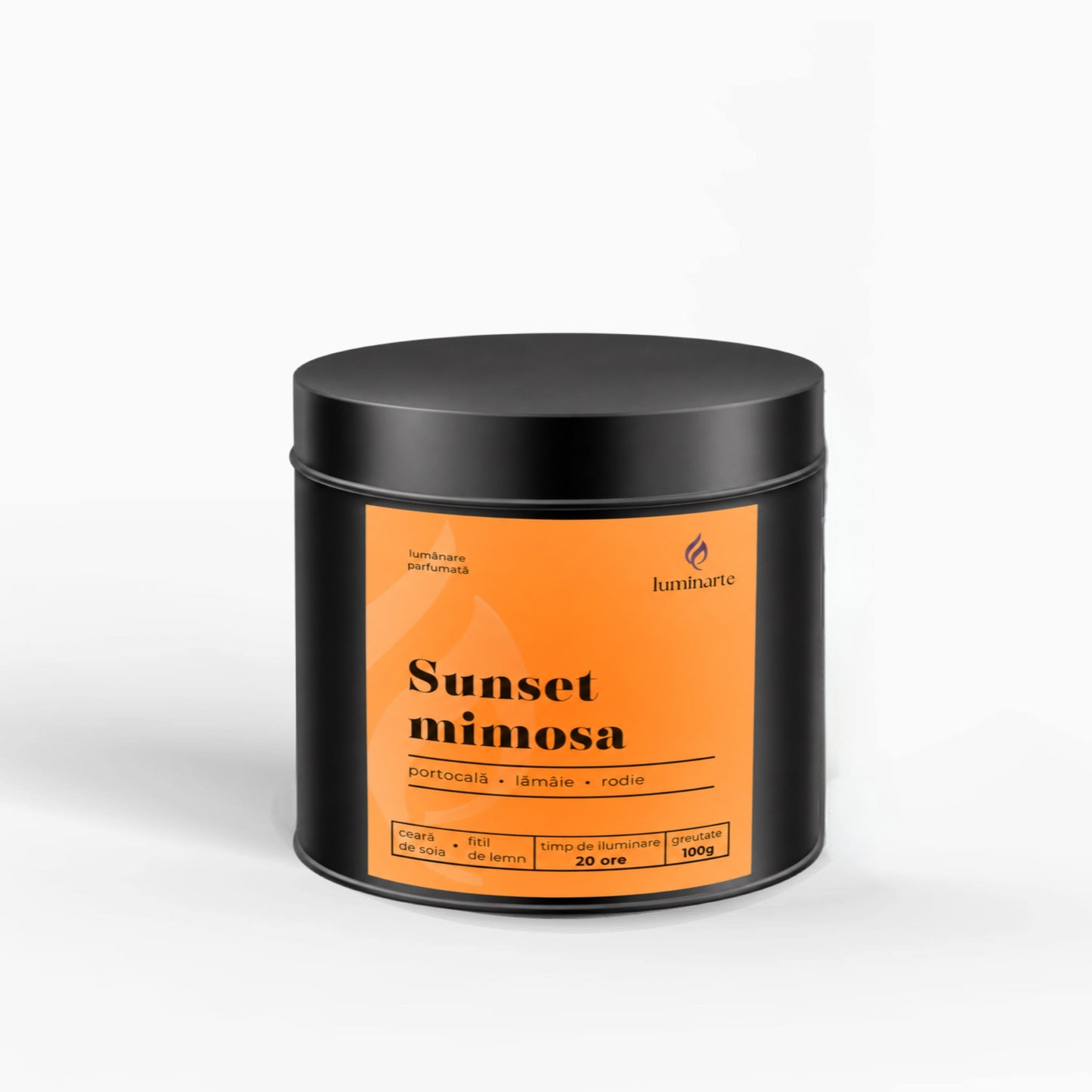 Lumânare parfumată din ceară de soia, turnată manual – „Sunset Mimosa” | Colecția Aphrodisia Candles, cu aromă de portocală, lămâie și rodie