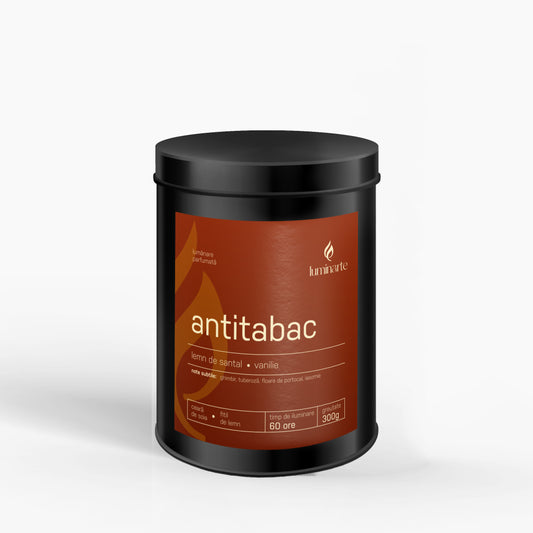Lumânare parfumată din ceară de soia, turnată manual – „Antitabac” | Colecția Aphrodisia Candles, cu aromă de lemn de santal, vanilie, ghimbir, tuberoză, floare de portocal, iasomie