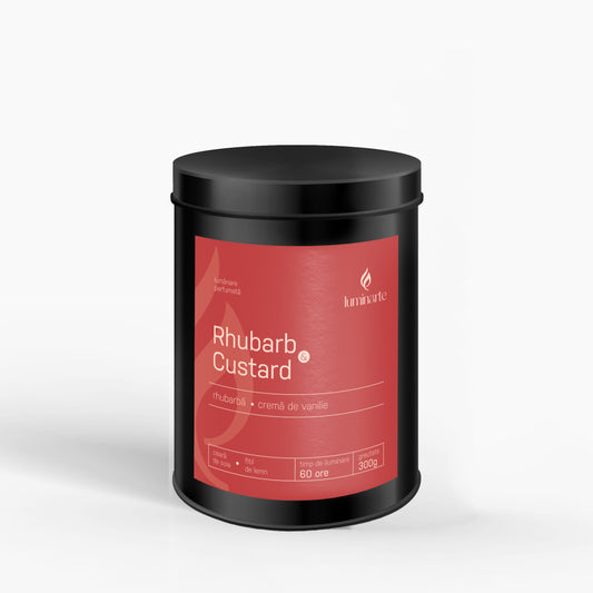 Lumânare parfumată din ceară de soia, turnată manual – „Rhubarb & Custard” | Colecția Aphrodisia Candles, cu aromă de rhubarbă, cremă de vanilie